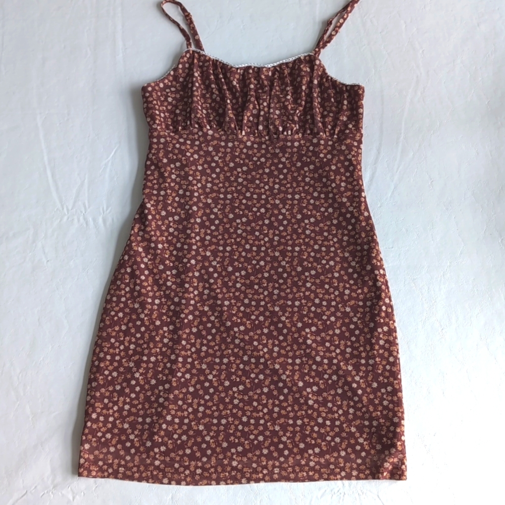 90's Justify Brown Bitsy Floral Print Stretchy Mini Slip Dress Women's Sz Small - Picture 1 of 9